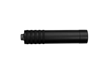 Black silencer for weapons. Suppressor that is at the end of an assault rifle. Isolate on a white back.