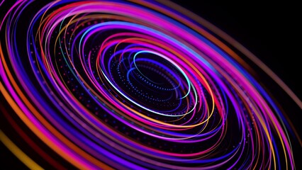 3d render. Light flow form ring structure. Light effect as abstract background with light trails, stream of multicolor neon lines in space form rings. Modern trendy motion design background.