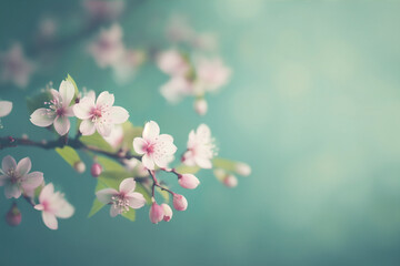 Sakura Blossom Background - Delicate sakura flowers against a gentle muted green background - Generative AI technology