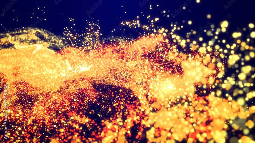 Aufkleber abstract bg, golden magic glitters fly in air form beautiful swirls. fiery sparkles float in viscous