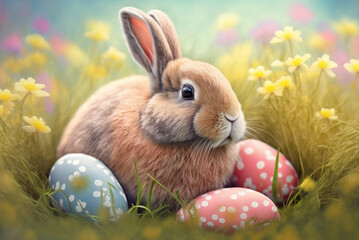 Cute Easter Bunny in a Field of Flowers with painted Easter eggs
