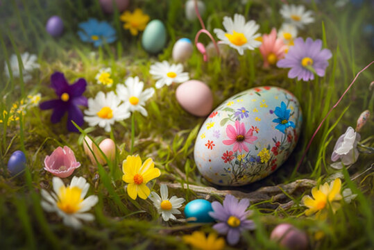 Painted Easter Eggs in a Flower field