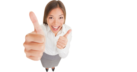 Happy excited woman giving thumbs up. Fun high angle view of laughing woman giving thumbs up with both hands showing enthusiasm isolated on white background in full length. Isolated transparent PNG