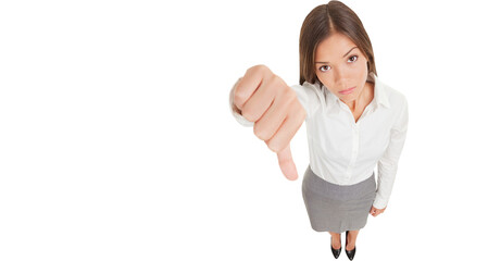 Sad young business woman making a thumbs down sign looking with disapproval background in high angle view in full length. Mixed race businesswoman isolated in transparent PNG - Powered by Adobe