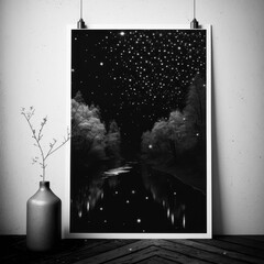 Mockup photo frame, magical forest and a river of stars, AI Generaion