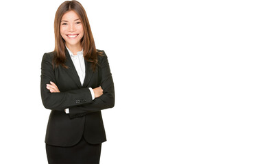 Asian business woman smiling happy portrait in black suit standing proud and confident with arms...