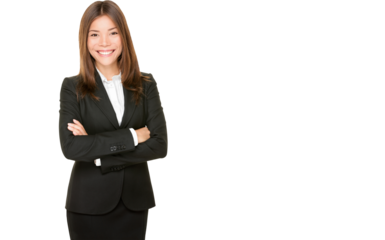 Asian business woman smiling happy portrait in black suit standing proud and confident with arms crossed isolated on white background. Young mixed race Asian Isolated transparent PNG