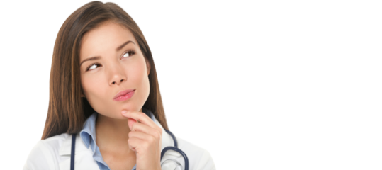 Thinking medical doctor woman looking up contemplative and thoughtful. Multiracial Asian / Caucasian female health care medical professional in lab coat Isolated in transparent PNG