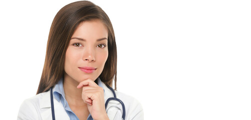 Young medical doctor woman smiling thoughtful and pensive looking at camera. Portrait of health care medical professional with stethoscope and lab coat isolated on white transparent PNG background
