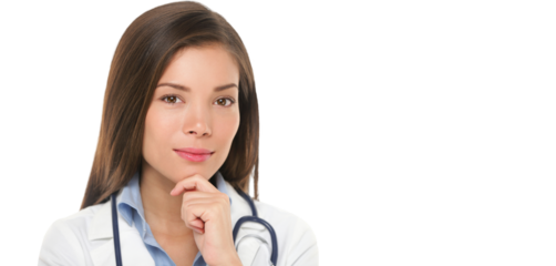 Young medical doctor woman smiling thoughtful and pensive looking at camera. Portrait of health care medical professional with stethoscope and lab coat isolated on white transparent PNG background