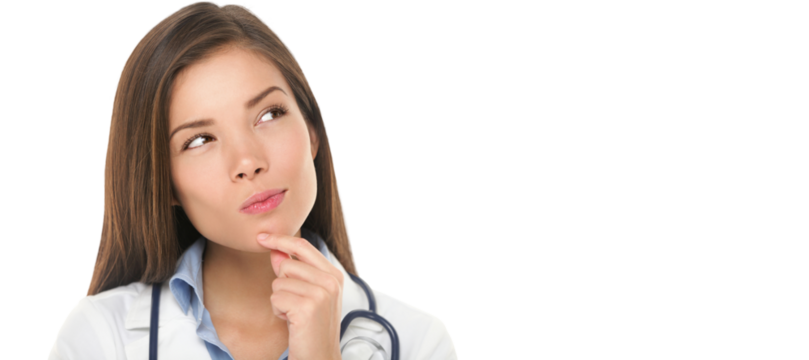 Thinking medical doctor woman looking up contemplative and thoughtful. Multiracial Asian / Caucasian female health care medical professional in lab coat Isolated in transparent PNG - Powered by Adobe