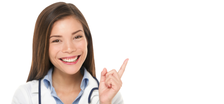 Doctor pointing. Female medical professional nurse or doctor showing copy space isolated on white background. Beautiful young Mixed race Asian / Caucasian woman model. Isolated transparent PNG - Powered by Adobe