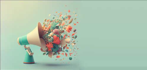 Megaphone with colorful pastel summer flowers, advertising and marketing concept, social media, announce positive and creative idea, generative AI