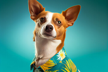 Portrait von Hund mit lustigen Hawai-Hemd. Urlaub mit Hund am Hundestrand. Hund macht Urlaub in einer Hundepension - Generative Ai