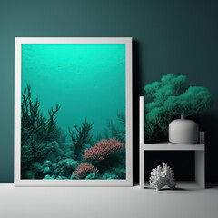 Mockup photo frame, an emerald sea and a coral reef, AI Generaion