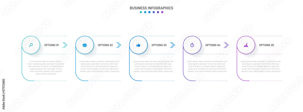 Sticker Timeline infographic with infochart. Modern presentation template with 5 spets for business process. Website template on white background for concept modern design. Horizontal layout.