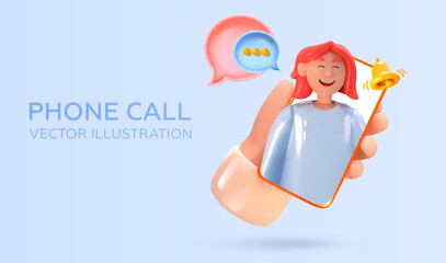 Phone call. Video or online call on mobile. Joyful interlocutor girl. Connected subscriber. In 3d style. Vector illustration.