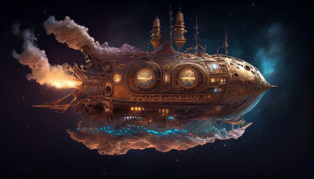 steampunk spaceship drifting to Milky Way, Beautiful Lighting, VFX, insanely detailed and intricate, hypermaximalist, elegant, ornate, hyper realistic, super detailed AI Generated