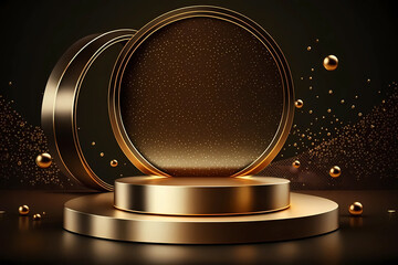 Product display presentation on luxury gold empty podium stand with shiny particles glamor to showcase stage advertising for cosmetics and beauty. Mockup golden showcase blank pedestal Generative AI