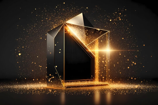 Product display presentation on luxury gold empty podium stand with shiny particles glamor to showcase stage advertising for cosmetics and beauty. Mockup golden showcase blank pedestal Generative AI