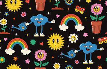 Cartoon characters background. Funny groovy stickers and patches. Seamless vector pattern with comic sun, cloud, flowers, watering can in trendy retro cartoon style.