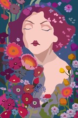Obraz na płótnie Canvas Frau im Art Deco Stil mit bunten Blumen, Illustration vor taubengrau, blau, hochformat frühling