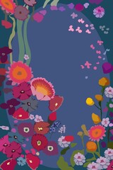 Illustration von bunten Blumen Art Deco als Hintergrund mit Copyspace, hochformat, blau, taubengrau