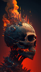 a cyberpunk skull, peripherals on top of the head emitting fireworks. Parts embedded in the skull, electronic wires embedded.