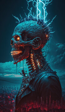 a cyberpunk skull, peripherals on top of the head emitting electrifying blue rays. Parts embedded in the skull, electronic wires embedded.