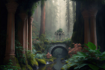 Beautiful fantasy forest full of ancient structures AI