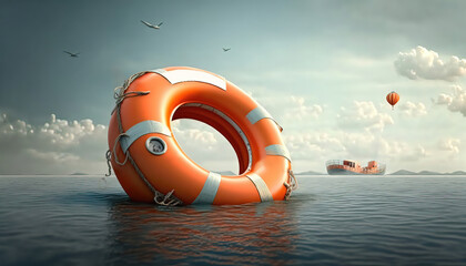 life buoy rescue ring in the middle of the ocean for rescue and help sos concepts as wide banner with copyspace area - obrazy, fototapety, plakaty