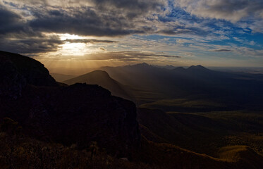 Stirling Range or Koikyennuruff landscape scenery, beautiful mountain National Park in Western Australia, with the highest peak Bluff Knoll. Road to and view from the rocky mountains