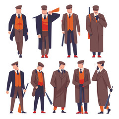 Bandit or Gangster of Old London Wearing Overcoat and Peaked Flat Cap Vector Set