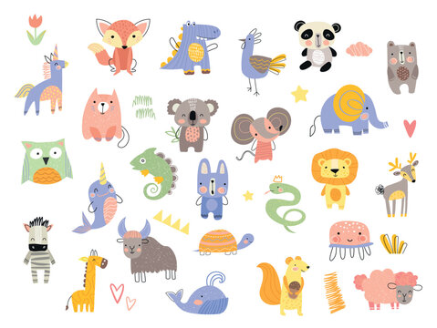 Doodle animals set. Collection of tropical and exotic characters. Unicorn, bird, zebra, lion and bear. Snake, giraffe and turtle. Cartoon flat vector illustrations isolated on white background