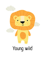Animal banner with lion. Young wild inscriptrion. Predator and mammal, toy and mascot. Tenderness, imagination and fantasy. Tropical and exotic animal, Africa. Cartoon flat vector illustration