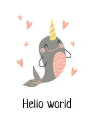 Animal banner with dolphin. Hello world text. Positive and optimism. Mammal and representative of underwater world. Greeting postcard design for kids. Cartoon flat vector illustration