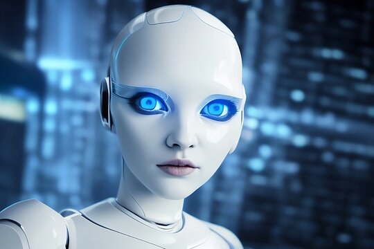 robot face with artificial intelligence, android close-up, nanotechnology concept. generative ai