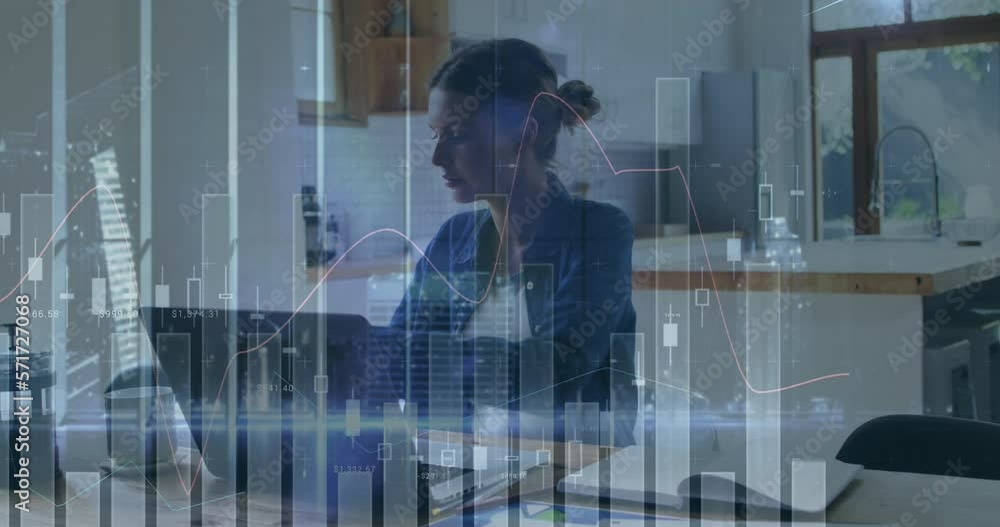 Poster animation of statistical data processing over caucasian woman using laptop while working from home