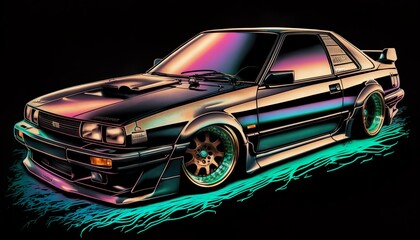 Obraz na płótnie Canvas Japanese luxury 1980s vintage classic expensive sports racing car vehicle neon synthwave vaporware retrowave black background created with generative AI technology