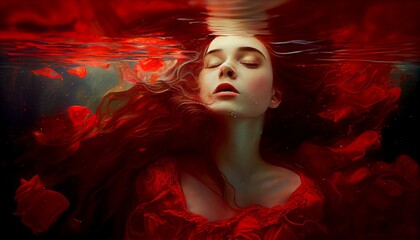 Mystical underwater portrait of a beautiful young woman , girl, with a red dress, eyes closed,
generative ai