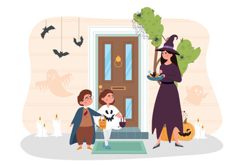 Children coming for sweets Halloween. Woman dressed as witch offers sweets to boy and girl dressed as wizards. Traditions and culture, entertainment, trick or treat. Cartoon flat vector illustration