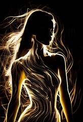 Abstract woman in a beige dress  and black hairs silhouette in bright light trails of light painting. Portrait in the style of light painting. Long exposure 
generative ai