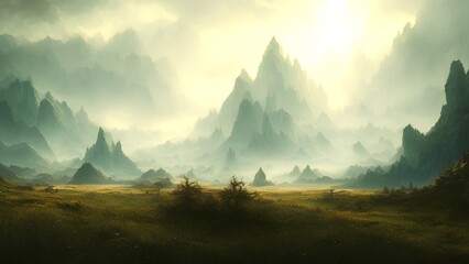 Green Landscape with Mountains - Generated by Generative AI