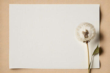 Dandelion empty white card, flower border paper for greeting, mockup, design, copy space, beige background