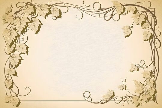 Beige vintage leafy blank card, leaves, branches and vine border paper for greeting, wedding, mockup, design, copy space