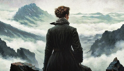 An elegant lady facing mountains peaks over an sea of clouds, 19th century dresses, in the style of Caspar David Friedrich - generative ai