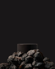 dark podium or pedestal for product showcase. Stand product mockup. Pile of rocks empty platform. Black background product stage. 3d render illustration