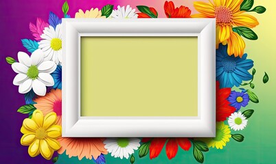 abstract white floral frame with flowers on colourful background on colourful background, generative ai