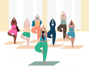 Yoga day. Yoga Group. Vector silhouettes of people doing yoga exercises.  Yoga complex. Fitness workout. Cartoon style. Sport