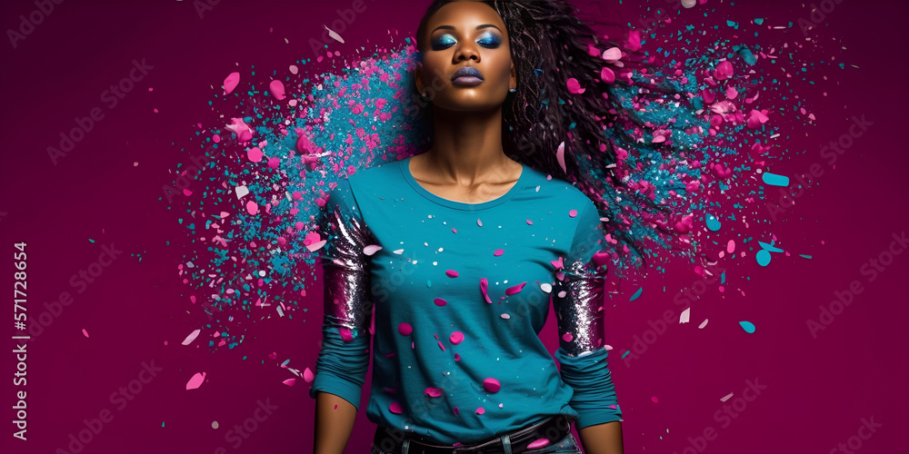 Wall mural Beautiful black woman, vivid makeup, magenta simple background. Generative AI